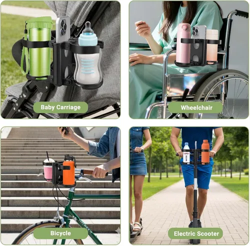 Miniatura 7 de ZealSound Soporte para taza de cochecito, soporte para botella 3 en 1 con soporte para teléfono para cochecito, silla de ruedas, scooter, andador