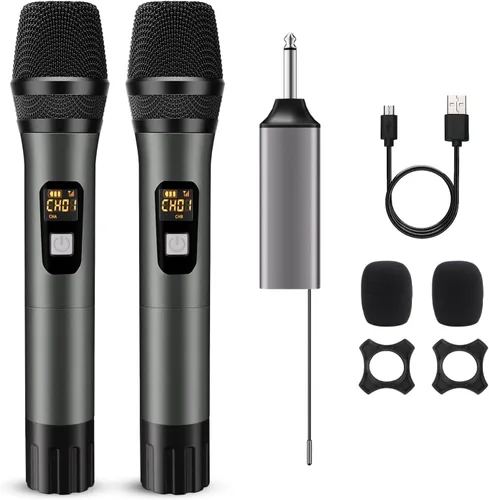 Micrófono inalámbrico, sistema de micrófono dinámico inalámbrico de metal dual UHF de mano con receptor recargable, rango de 200 pies, para karaoke,