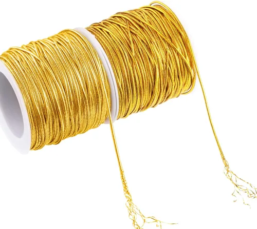 Miniatura 7 de 2 Rollos de Cordones Elásticos Metálicos Cinta de Cordón Metálico de Oropiel para Hacer Manualidades y Envolver Regalos, 1 mm 50 m Dorado