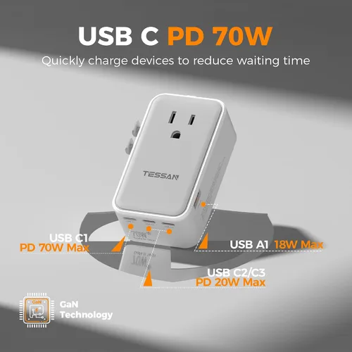 Miniatura 3 de TESSAN Adaptador de viaje universal de 70 W, adaptador de corriente internacional ultrafino con 4 puertos USB (3 USB C), adaptador de enchufe Gris