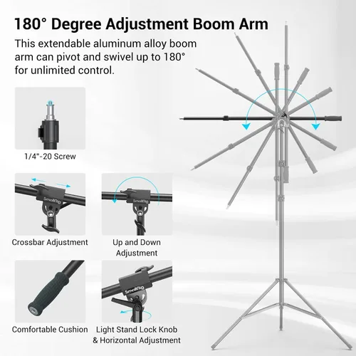 Miniatura 6 de SmallRig Soporte de Luz de Fotografía de 110"/9.2 pies con Brazo de Pluma, Trípode de Luz de Aluminio con Amortiguación de Aire de Servicio Pesado