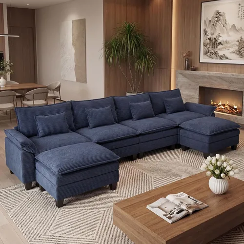 Miniatura 17 de URRED Cloud Couch Sofá Seccional Modular, Sofá Moderno en Forma de U de Asiento Profundo de 157", con 2 Otomanas y Almohadas, Sofás de Chenilla Azul