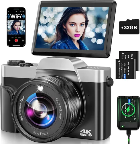 Cámara digital 4K para fotografía con WiFi, cámara de vlogging de enfoque automático para video de YouTube de 3 pulgadas, cámara de viaje con