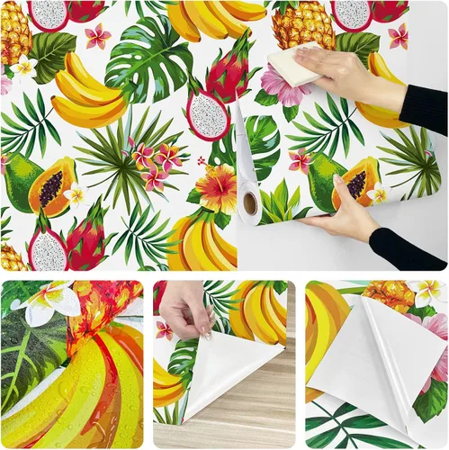 Miniatura 6 de Papel tapiz autoadhesivo de frutas tropicales de 24 x 118 pulgadas, papel de contacto floral amarillo y verde, para despegar y pegar, cubierta