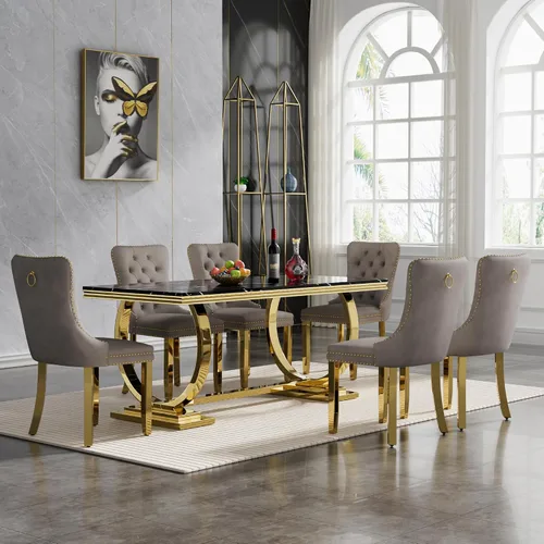Miniatura 63 de HomVent Juego de mesa de comedor moderna de mármol sintético para 4 personas, mesa de cocina rectangular con 4 sillas beige (dorado)
