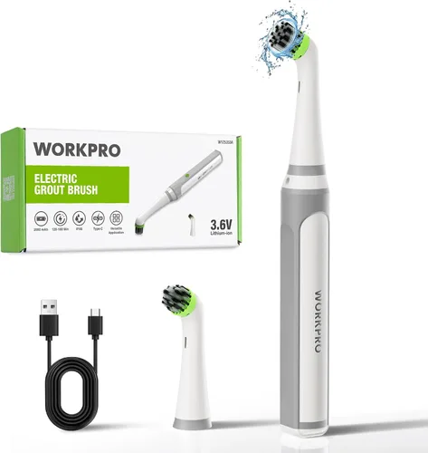 WORKPRO Juego de cepillos de lechada inalámbricos, limpiador eléctrico de 5500 rpm, limpiador eléctrico impermeable IPX6 con cable de carga tipo C y