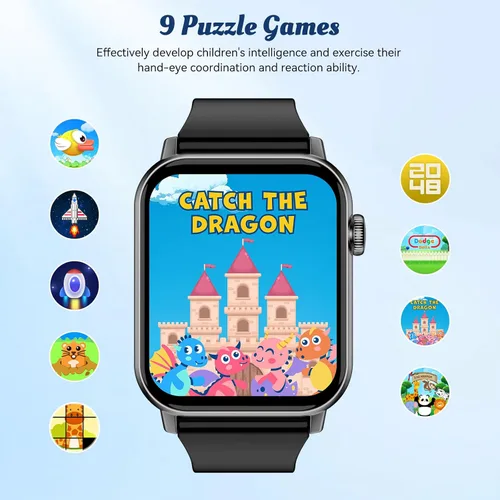 Miniatura 6 de Reloj inteligente para niños, 12 juegos de rompecabezas con pantalla táctil HD, contador de pasos, monitor de frecuencia cardíaca y sueño, linterna