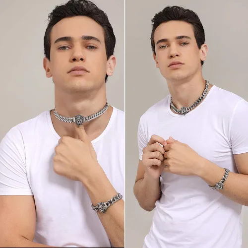 Miniatura 13 de Cadena de eslabones cubanos para hombre, gargantilla de león, collar de plata Hip Hop de 18 pulgadas, 20 pulgadas y pulsera de 8.5 pulgadas, juego