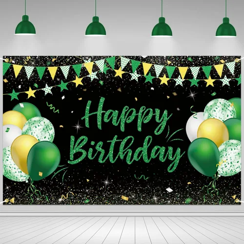 Cartel de fondo de feliz cumpleaños verde dorado y negro para niños, hombres y mujeres, aniversario, fiesta de cumpleaños, fotos, fondo de cabina de