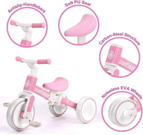 Miniatura 3 de XIAPIA Triciclo para niños pequeños de 1 a 3 años, bicicleta de equilibrio 5 en 1 con pedal extraíble, juguetes de triciclo de empuje con varilla