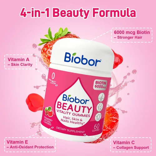 Miniatura 3 de Biobor - Gomitas naturales de biotina de 6000 mcg sin azúcar añadido, gomitas de belleza para el cabello, la piel y las uñas, con vitaminas A C E