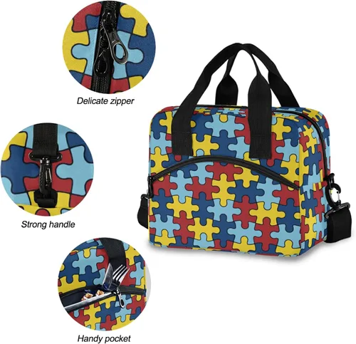 Miniatura 5 de Bolsas de almuerzo coloridas de conciencia sobre el autismo para mujeres y hombres, lonchera aislada reutilizable, correas de hombro ajustables