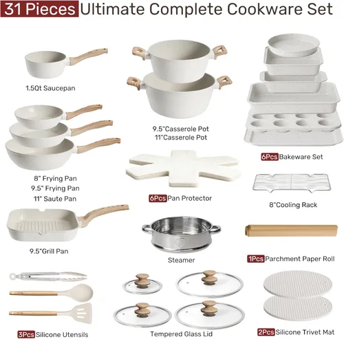 Miniatura 2 de Kikcoin Juego de Ollas y Sartenes Antiadherentes de 31 Piezas para Cocina, Incluye Sartén para Asar, Cacerola, Bandeja para Hornear y Utensilios