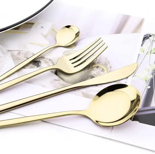 Miniatura 3 de Juego de cubiertos de acero inoxidable 18/0 con espejo, 24 piezas, incluye cuchillo, tenedor, cuchara, cucharadita, cubiertos para el hogar, Dorado