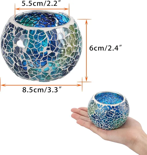 Miniatura 3 de OwnMy Juego de 3 portavelas de té de vidrio de mosaico azul, cuenco redondo, portavelas votivas, candelabros de mosaico de vidrio, candelitas