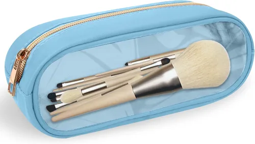 Miniatura 49 de izuzta Bolsa de maquillaje pequeña de nylon para bolso, linda bolsa de cosméticos con cremallera, bolsa de maquillaje preppy, Azul, Mini 2-Azul