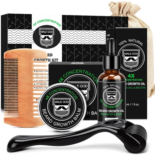 MALE GOD Kit de crecimiento de barba con ingredientes naturales, aceite de barba, bálsamo y peine, aceite de crecimiento de barba con biotina