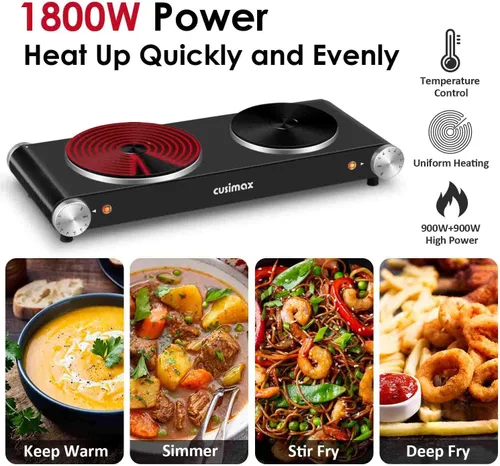 Miniatura 2 de Cusimax - Placa de cocción eléctrica de 1800 W, estufa eléctrica portátil para cocinar, hornalla doble, con control de temperatura ajustable