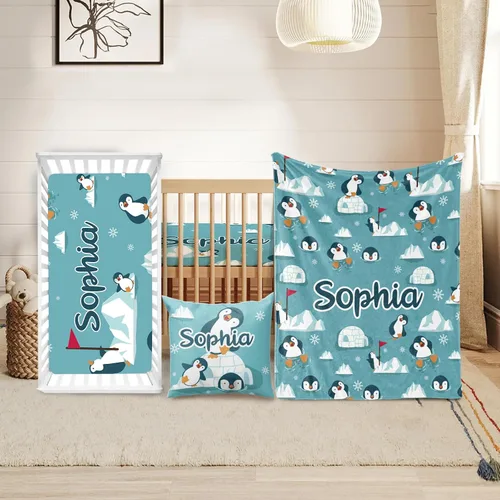 Miniatura 18 de Juego de ropa de cuna personalizado Duckbe - Diseño de oso con nombre personalizado para guardería de bebé, juego de 3 piezas - Manta suave