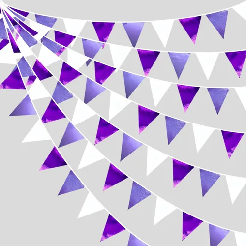Miniatura 19 de Decoración de fiesta iridiscente de 33 pies, tela holográfica, banderín triangular, banderín de algodón, guirnalda de banderines para cumpleaños