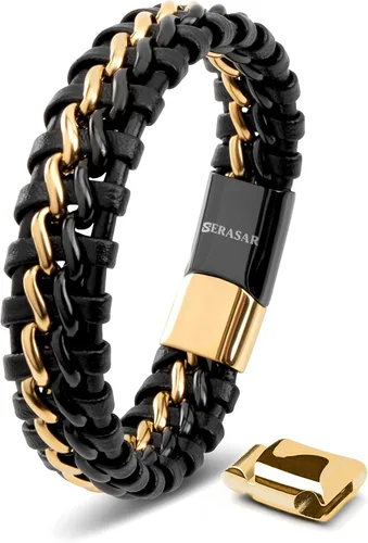 Miniatura 12 de SERASAR Pulsera de cuero genuino de primera calidad [acero] para hombre en negro Cierre magnético de acero inoxidable en negro, plata y oro
