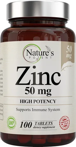 Suplemento de zinc de 50 mg [alta potencia] - Sistema de apoyo inmunológico de zinc natural (óxido/citrato) 100 comprimidos, fabricado por Nature's