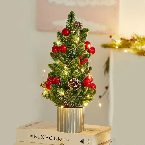 Miniatura 11 de Decoración Navideña Árbol de Navidad pequeño con luces - Mini árbol de Navidad artificial de mesa iluminado con adornos navideños gnomos