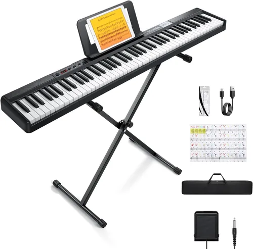 Donner Teclado de piano de 88 teclas, piano digital para principiantes, teclas sensibles a la velocidad, piano eléctrico portátil con soporte, pedal