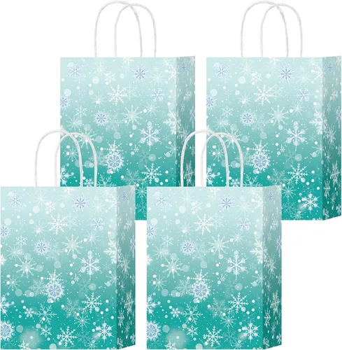 Miniatura 11 de HongXingHai Bolsas de regalo de Navidad con asas, paquete de 16 bolsas de papel kraft con diseño de copo de nieve, bolsas reutilizables para fiestas