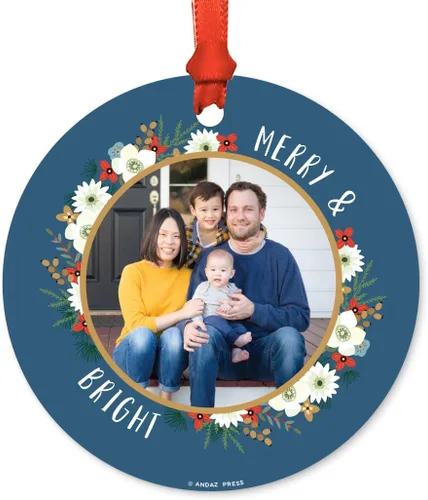 Miniatura 25 de Andaz Press Adorno de Navidad de metal personalizado con foto, bebé, corona dorada de vacaciones, fecha del nombre del bebé, 1 paquete, incluye