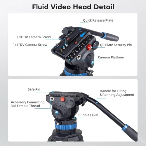 Miniatura 3 de SIRUI AM-25S Trípode de Video, 74.8" Trípode Profesional de Servicio Pesado con Cabezal Fluido de Amortiguación Ajustable para Videocámara, Cámaras