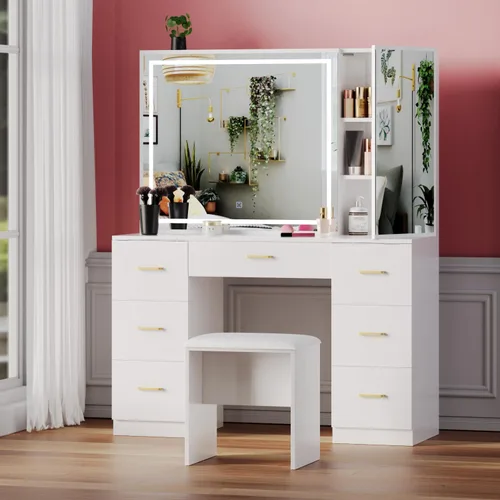 Miniatura 5 de Wildhome - Tocador con espejo y luces, mesa de maquillaje con 7 cajones y taburete acolchado, gabinete oculto, brillo ajustable, tocador
