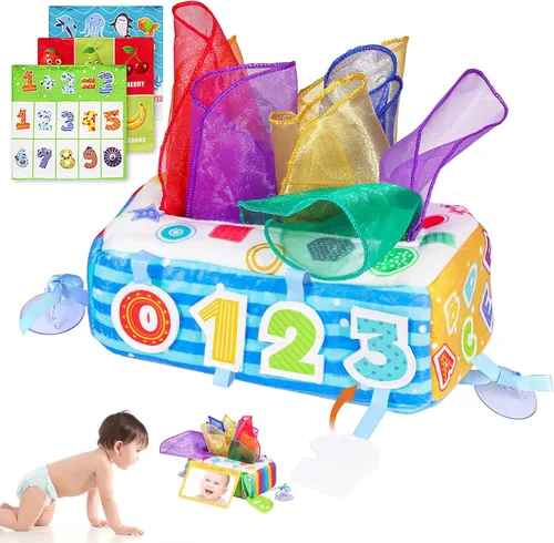 Caja de pañuelos para bebé, caja de pañuelos Montessori suave, juguetes para bebés de 6 a 12 meses, bufandas de seda sensoriales de papel arrugado