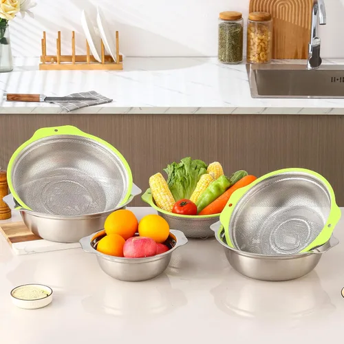 Miniatura 9 de Colador de Acero Inoxidable Microporoso, Lavador de Arroz de Gran Capacidad de 5QT con Tazón Mezclador, Juego de Tazón Colador de Arroz de 12.5