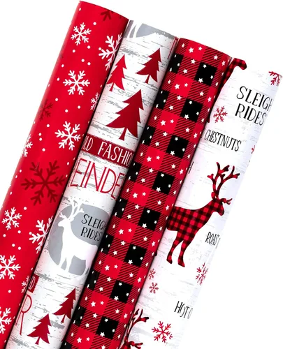 Miniatura 18 de WRAPAHOLIC Rollo de papel de regalo de Navidad de 30 pulgadas - Rollo jumbo rojo, verde y rosa de gnomo de Navidad y elfo festivo, colección de 4