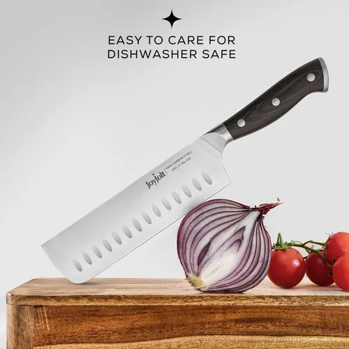 Miniatura 4 de JoyJolt Cuchillo Nakiri de 7 pulgadas. Cuchillo de cocina de acero alemán de alto carbono x50 – Cuchillo japonés magnético en caja de regalo.