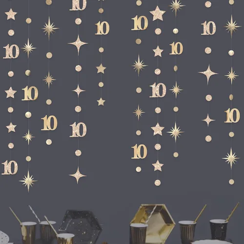 Miniatura 14 de Decoraciones negras de cumpleaños número 10, guirnalda de estrellas centelleantes con diseño de círculos, telón de fondo metálico para niñas, niños