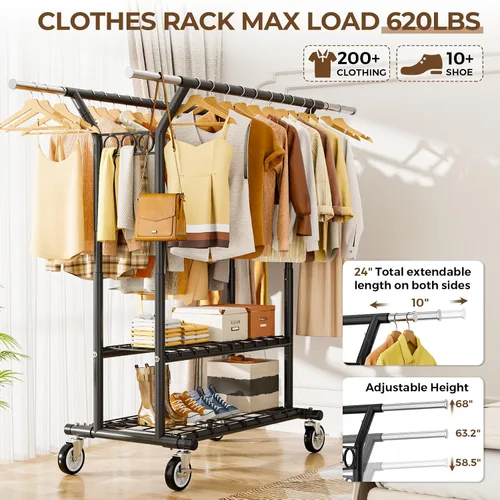 Miniatura 2 de HYSEYY Perchero de ropa resistente, perchero con estantes de carga de 620 libras, perchero de doble barra para colgar ropa, perchero portátil