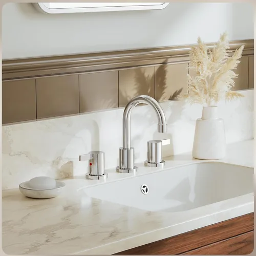 Miniatura 4 de Phiestina Grifo de baño cromado extendido de 8 pulgadas con 3 orificios, grifo de tocador de baño de 2 manijas con desagüe emergente de metal