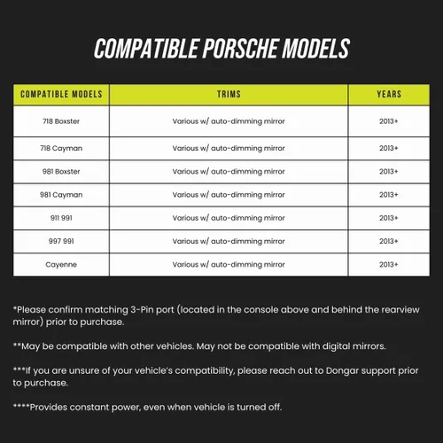 Miniatura 2 de Dongar Adaptador de corriente para cámara de mando (3 pines Keyway 2 para vehículos Porsche seleccionados), fuente de alimentación USB integrada