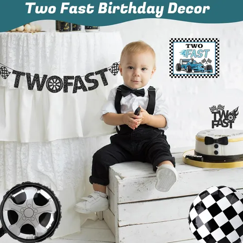 Miniatura 7 de Decoración de Cumpleaños Dos Rápido, Suministros de Fiesta de Autos de Carrera Decoraciones de 2do Cumpleaños para Bebé Niño Letreros de Fiesta