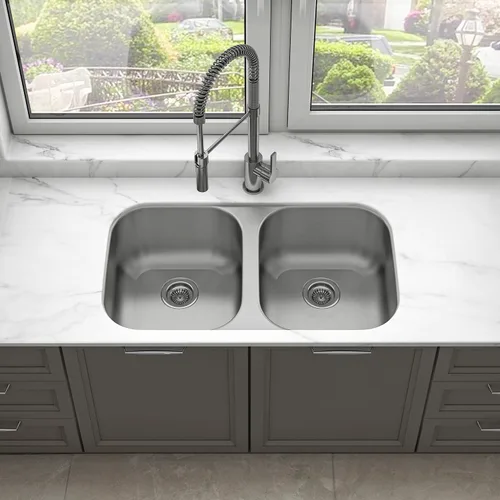 Sinber MU3218D Fregadero de Cocina de Doble Tazón Bajo Encimera de 32" x 18" x 9" con Acero Inoxidable 304 Calibre 18 Acabado Satinado (Solo