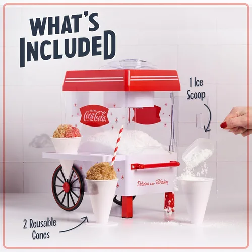 Miniatura 4 de Nostalgia Coca-Cola Máquina de Raspados de Nieve de Hielo Raspado - Máquina de Granizados Retro de Mesa Coke Hace 20 Golosinas Heladas - Incluye 2