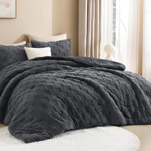 Miniatura 15 de Litanika - Juego de edredón esponjoso tamaño individual color beige, 3 piezas, ropa de cama de sherpa de felpa cálida para invierno, juego de cama