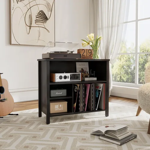 Miniatura 2 de Soporte para tocadiscos, gabinete de almacenamiento de discos de vinilo de mediados de siglo, soporte para tocadiscos de 3 niveles, soporte