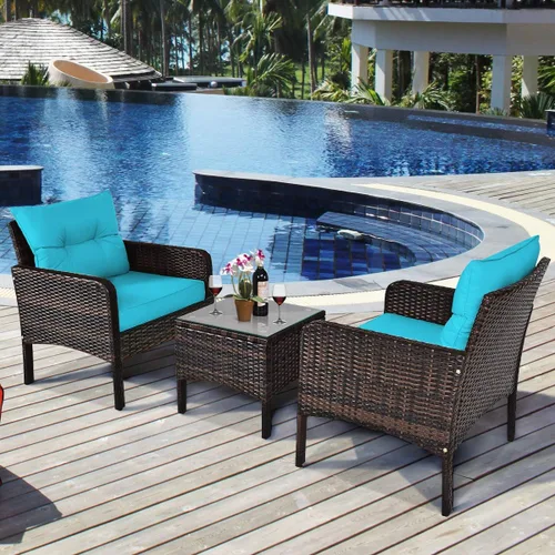 Miniatura 4 de Tangkula Sillas de mimbre de 3 piezas con mesa auxiliar superior de cristal, cojines gruesos, para todo tipo de clima, jardín, césped, piscina