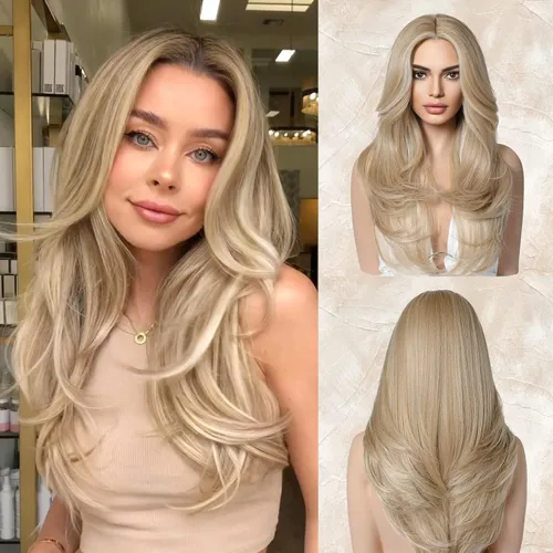 Miniatura 11 de LONAI Pelucas de color castaño ceniza para mujer, 24 pulgadas de largo, color marrón degradado, parte media, peluca de cabello sintético para uso