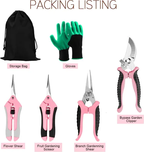 Miniatura 9 de 4 paquetes de tijeras de podar para jardín, con cuchillas de acero inoxidable, tijeras manuales de podar con guantes de jardinería (Rosa)