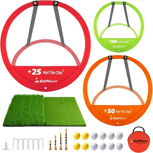 Golfguru Red de astillado de golf, red de astillado de práctica de golf y alfombrilla plegable con 12 bolas, 4 camisetas y bolsa de transporte,