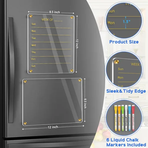 Miniatura 2 de WALGLASS Calendario acrílico para refrigerador, 8.5"x11" Oro, pizarra acrílica transparente semanal magnética de borrado en seco para refrigerador